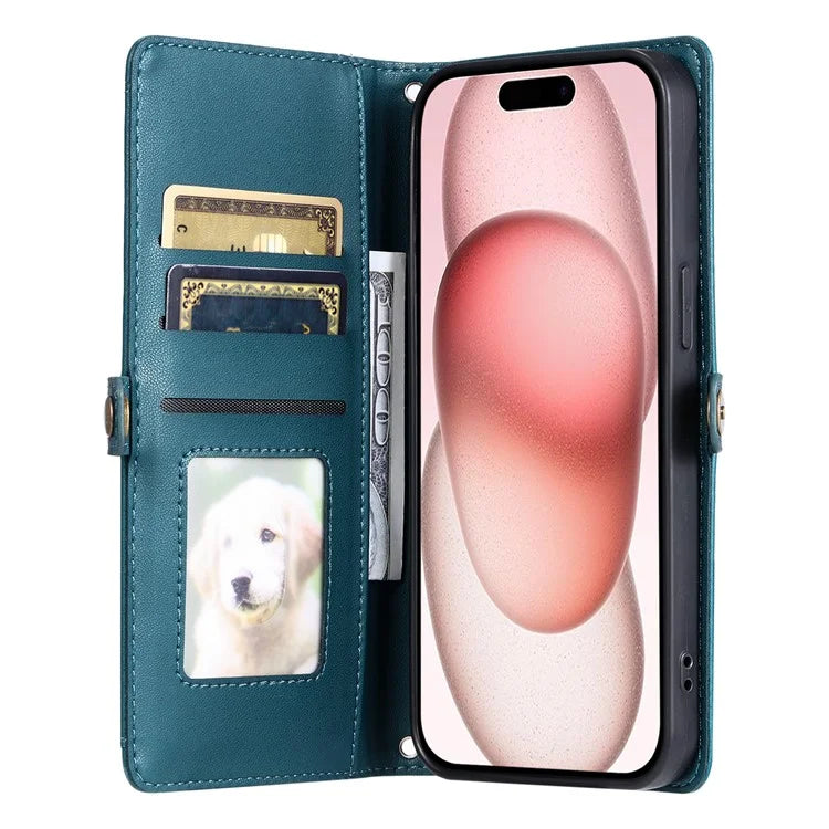 For iPhone 15 Leather Case Wallet Stand Phone Cover with Straps