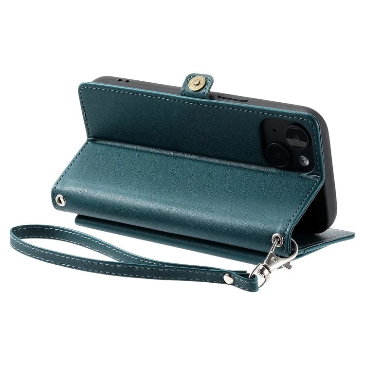 For iPhone 15 Leather Case Wallet Stand Phone Cover with Straps