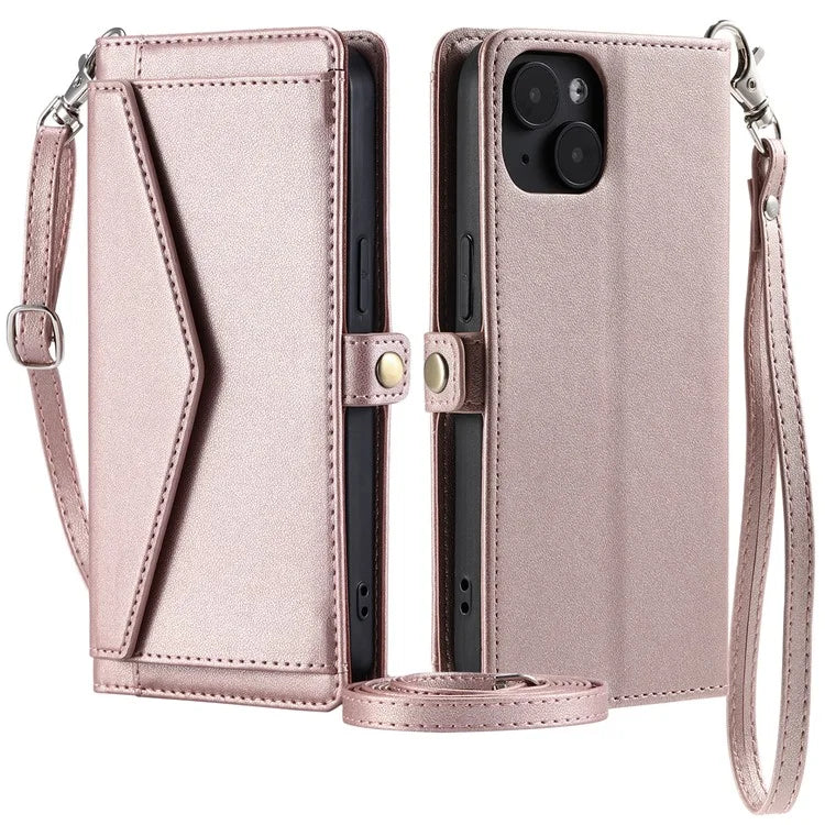 For iPhone 15 Leather Case Wallet Stand Phone Cover with Straps