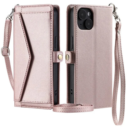 For iPhone 15 Leather Case Wallet Stand Phone Cover with Straps