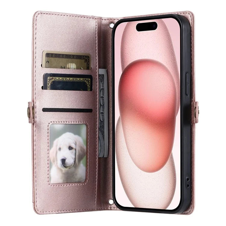 For iPhone 15 Leather Case Wallet Stand Phone Cover with Straps