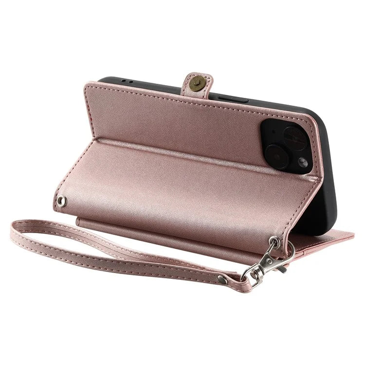 For iPhone 15 Leather Case Wallet Stand Phone Cover with Straps