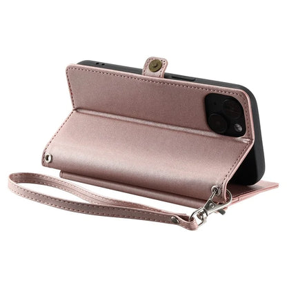 For iPhone 15 Leather Case Wallet Stand Phone Cover with Straps