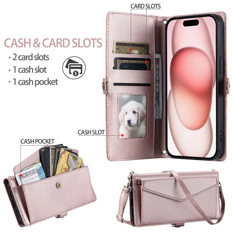 For iPhone 15 Leather Case Wallet Stand Phone Cover with Straps