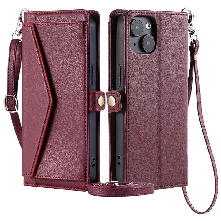 For iPhone 15 Leather Case Wallet Stand Phone Cover with Straps