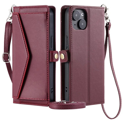 For iPhone 15 Leather Case Wallet Stand Phone Cover with Straps