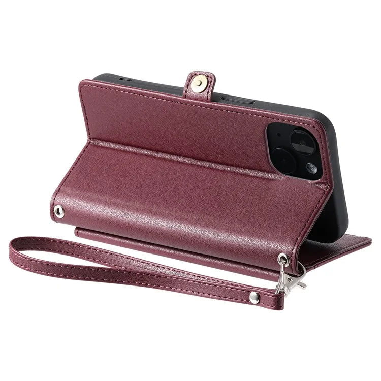 For iPhone 15 Leather Case Wallet Stand Phone Cover with Straps
