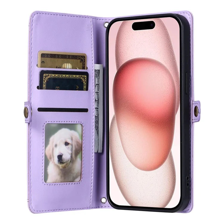 For iPhone 15 Leather Case Wallet Stand Phone Cover with Straps