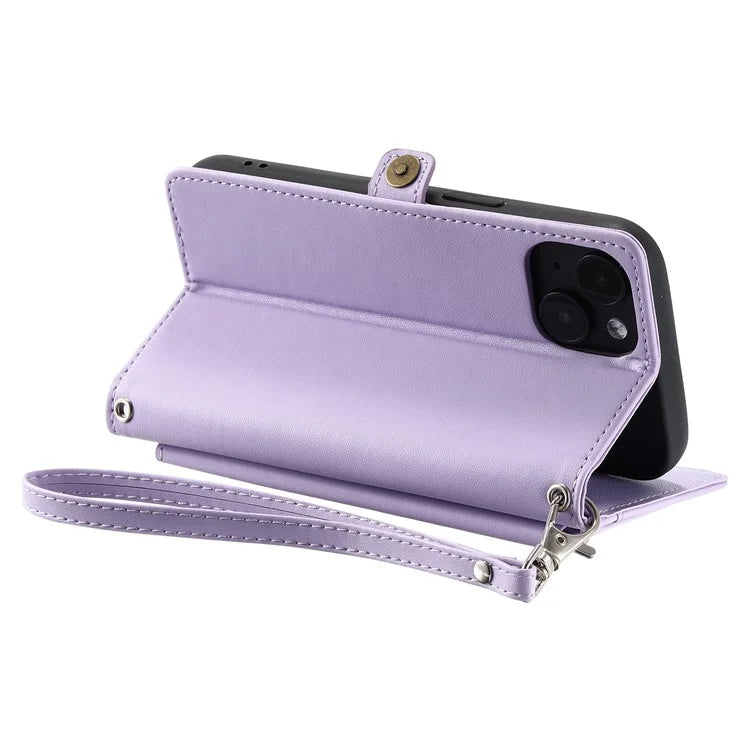 For iPhone 15 Leather Case Wallet Stand Phone Cover with Straps