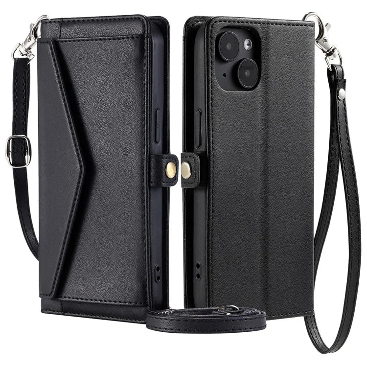 For iPhone 15 Leather Case Wallet Stand Phone Cover with Straps