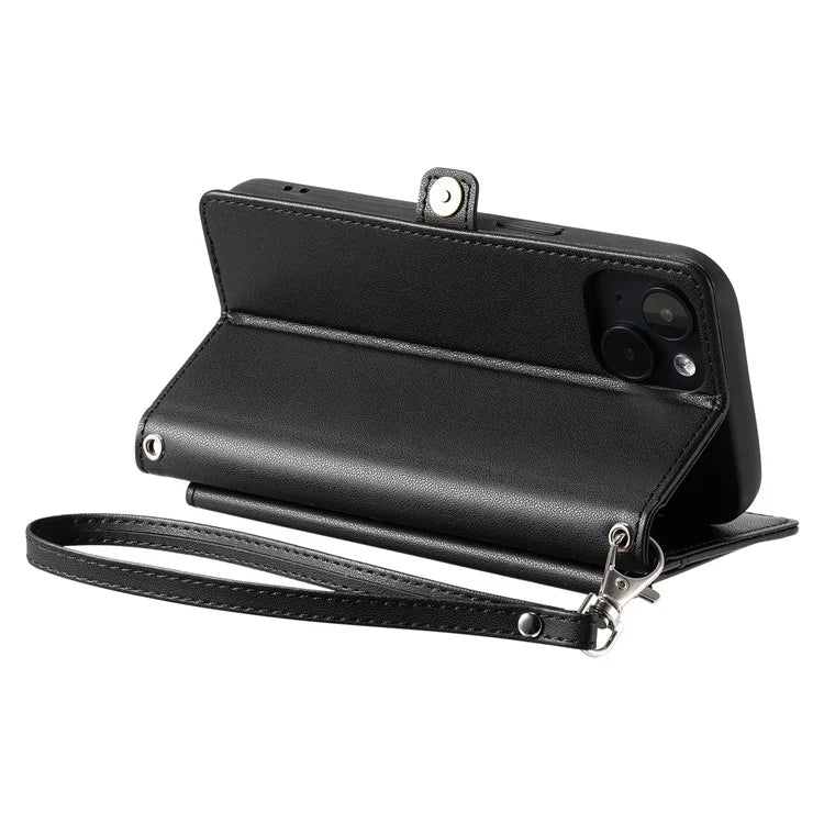 For iPhone 15 Leather Case Wallet Stand Phone Cover with Straps