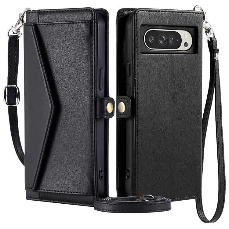 For Google Pixel 9 Pro XL Leather Case Wallet Stand Phone Cover with Straps