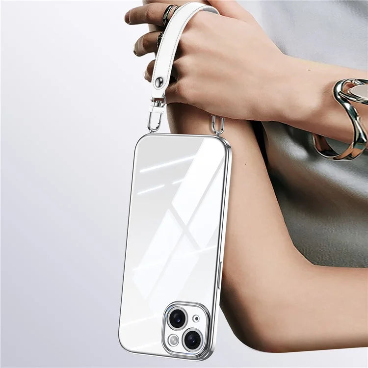 SULADA For iPhone 15 Case Electroplating Ultra Clear Soft TPU Phone Cover with PU Wrist Strap