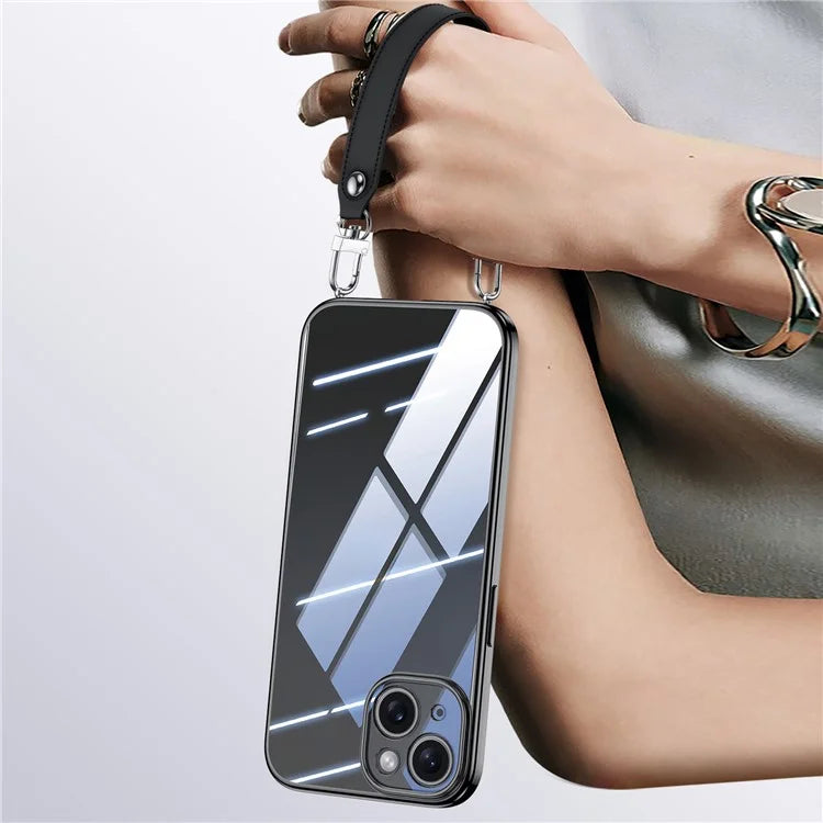SULADA For iPhone 15 Case Electroplating Ultra Clear Soft TPU Phone Cover with PU Wrist Strap
