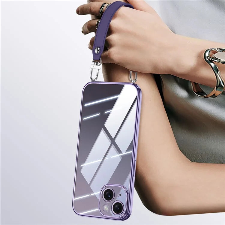 SULADA For iPhone 15 Case Electroplating Ultra Clear Soft TPU Phone Cover with PU Wrist Strap