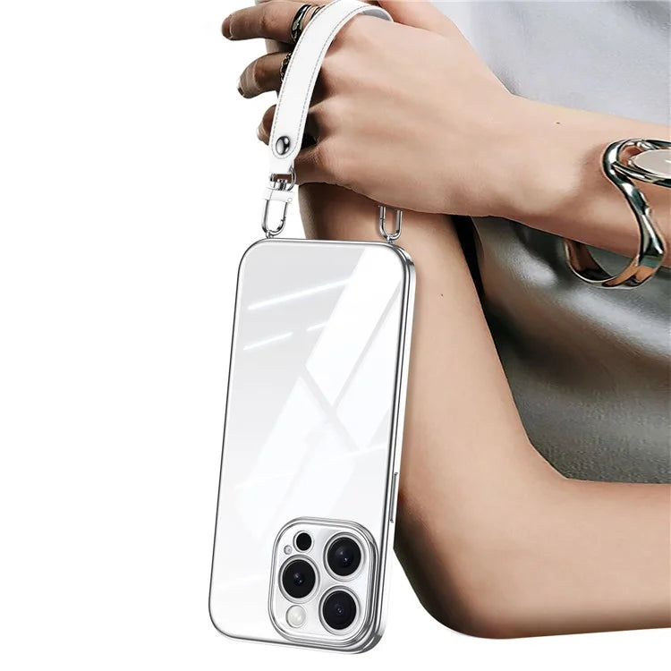 SULADA For iPhone 16 Pro Max Case Electroplating Ultra Clear Soft TPU Phone Cover with PU Wrist Strap