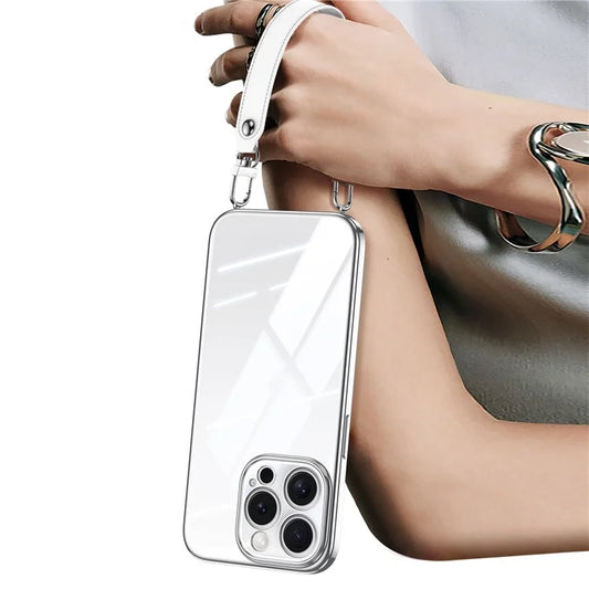 SULADA For iPhone 16 Pro Max Case Electroplating Ultra Clear Soft TPU Phone Cover with PU Wrist Strap