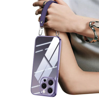 SULADA For iPhone 16 Pro Max Case Electroplating Ultra Clear Soft TPU Phone Cover with PU Wrist Strap