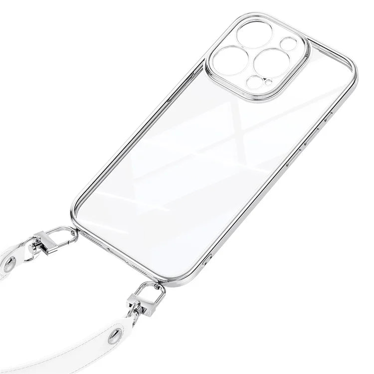 SULADA For iPhone 16 Pro Max Case Electroplating Ultra Clear Soft TPU Phone Cover with PU Wrist Strap