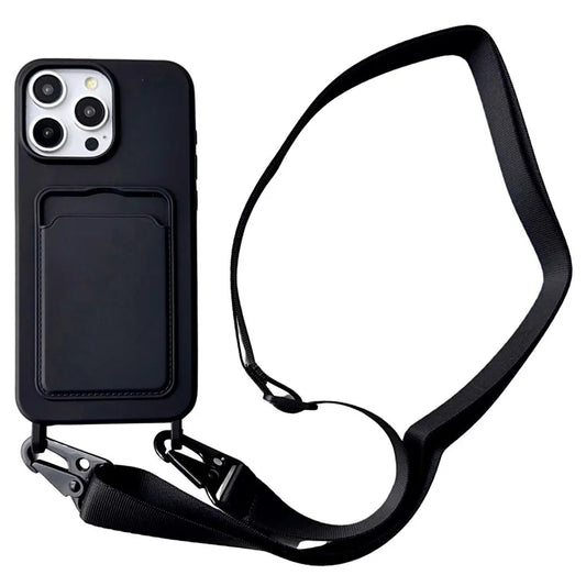 For iPhone 16 Pro Max Case Liquid Silicone Card Slot Soft Phone Cover with Lanyard Strap