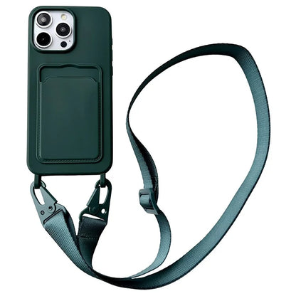 For iPhone 16 Pro Max Case Liquid Silicone Card Slot Soft Phone Cover with Lanyard Strap