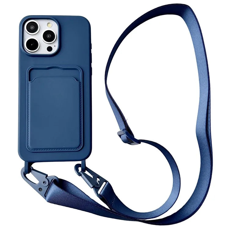For iPhone 16 Pro Max Case Liquid Silicone Card Slot Soft Phone Cover with Lanyard Strap