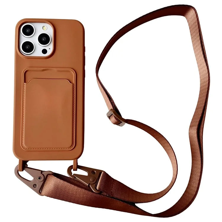 For iPhone 16 Pro Max Case Liquid Silicone Card Slot Soft Phone Cover with Lanyard Strap