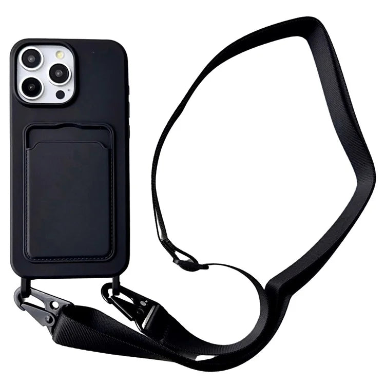 For iPhone 16 Pro Case Liquid Silicone Card Slot Soft Phone Cover with Lanyard Strap
