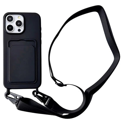 For iPhone 16 Pro Case Liquid Silicone Card Slot Soft Phone Cover with Lanyard Strap