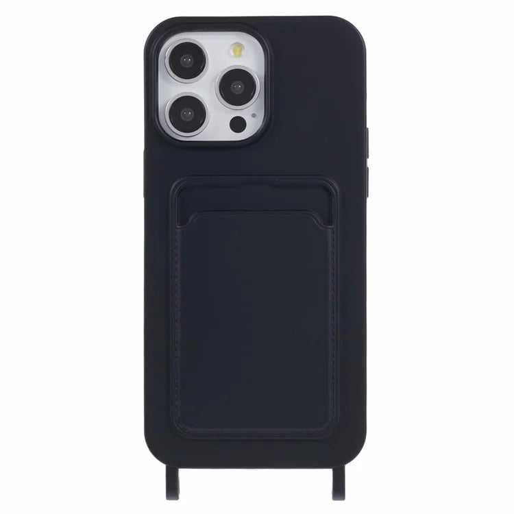 For iPhone 16 Pro Case Liquid Silicone Card Slot Soft Phone Cover with Lanyard Strap