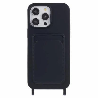 For iPhone 16 Pro Case Liquid Silicone Card Slot Soft Phone Cover with Lanyard Strap