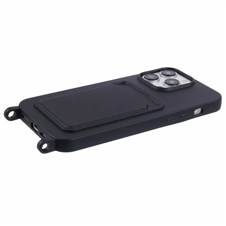For iPhone 16 Pro Case Liquid Silicone Card Slot Soft Phone Cover with Lanyard Strap