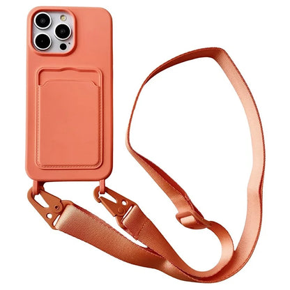 For iPhone 16 Pro Case Liquid Silicone Card Slot Soft Phone Cover with Lanyard Strap
