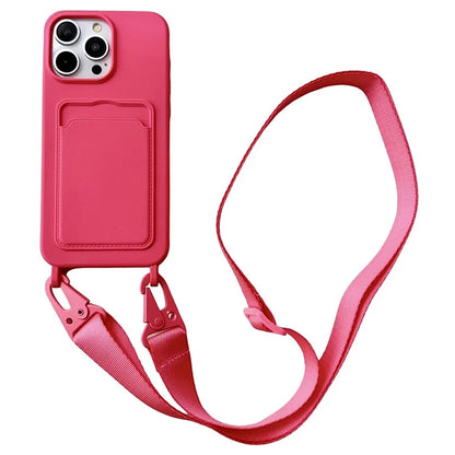 For iPhone 16 Pro Case Liquid Silicone Card Slot Soft Phone Cover with Lanyard Strap