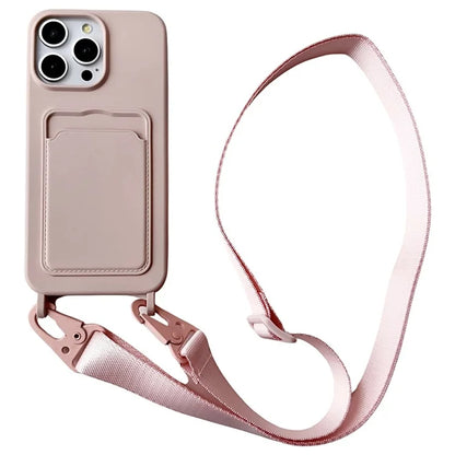 For iPhone 16 Pro Case Liquid Silicone Card Slot Soft Phone Cover with Lanyard Strap