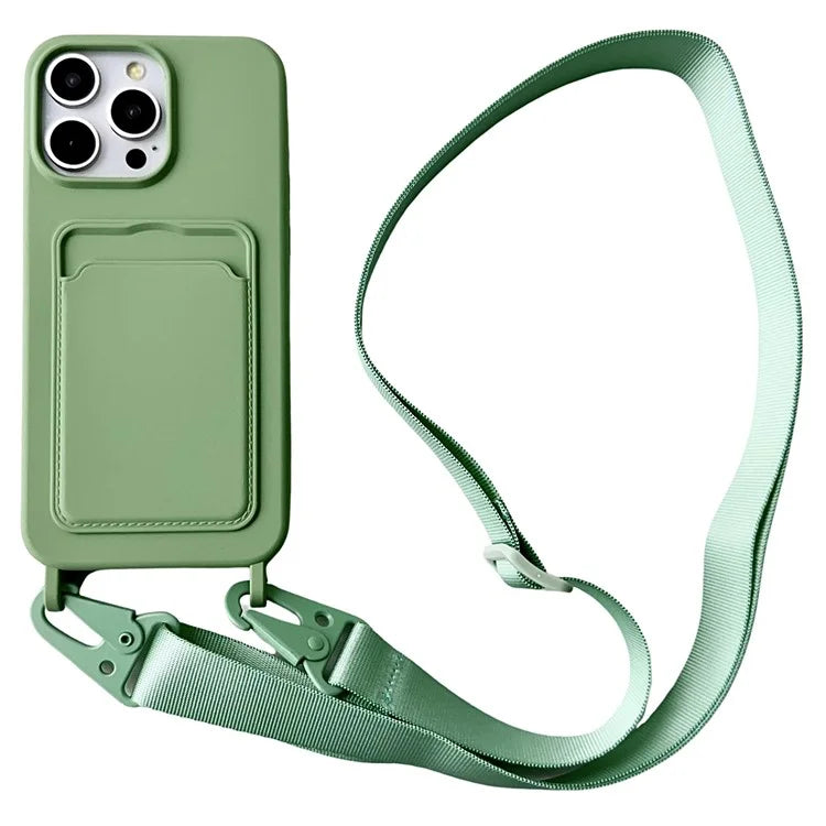 For iPhone 16 Pro Case Liquid Silicone Card Slot Soft Phone Cover with Lanyard Strap