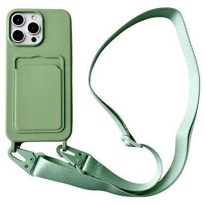 For iPhone 16 Pro Case Liquid Silicone Card Slot Soft Phone Cover with Lanyard Strap