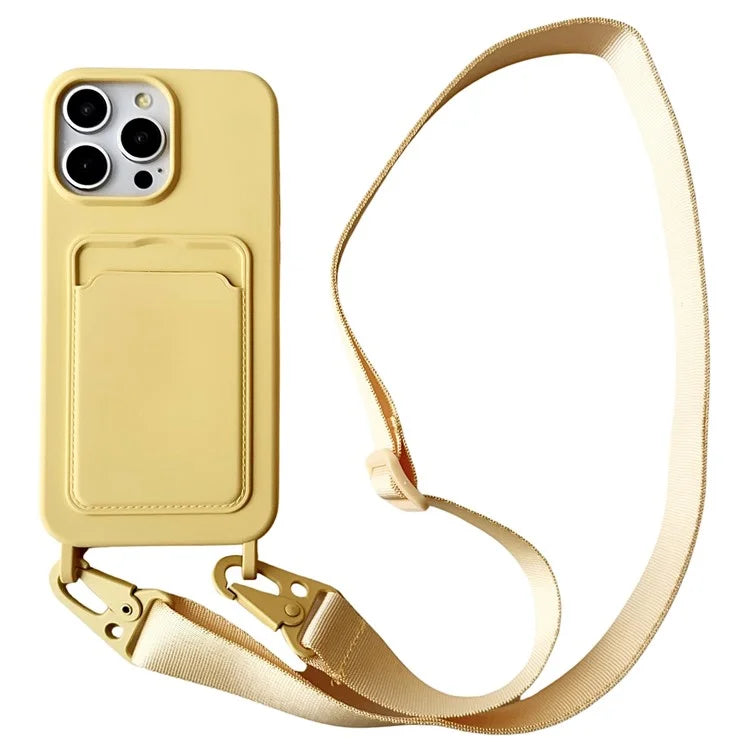 For iPhone 16 Pro Case Liquid Silicone Card Slot Soft Phone Cover with Lanyard Strap