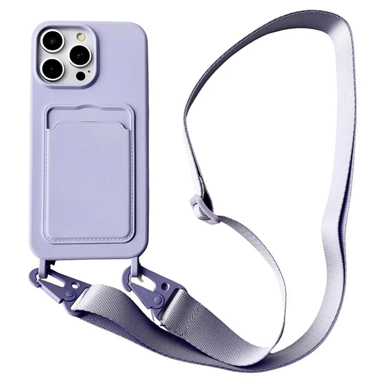 For iPhone 16 Pro Case Liquid Silicone Card Slot Soft Phone Cover with Lanyard Strap