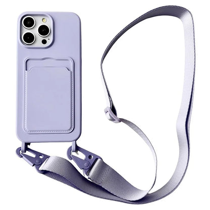 For iPhone 16 Pro Case Liquid Silicone Card Slot Soft Phone Cover with Lanyard Strap