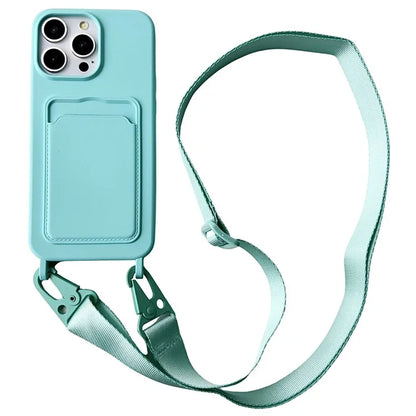 For iPhone 16 Pro Case Liquid Silicone Card Slot Soft Phone Cover with Lanyard Strap