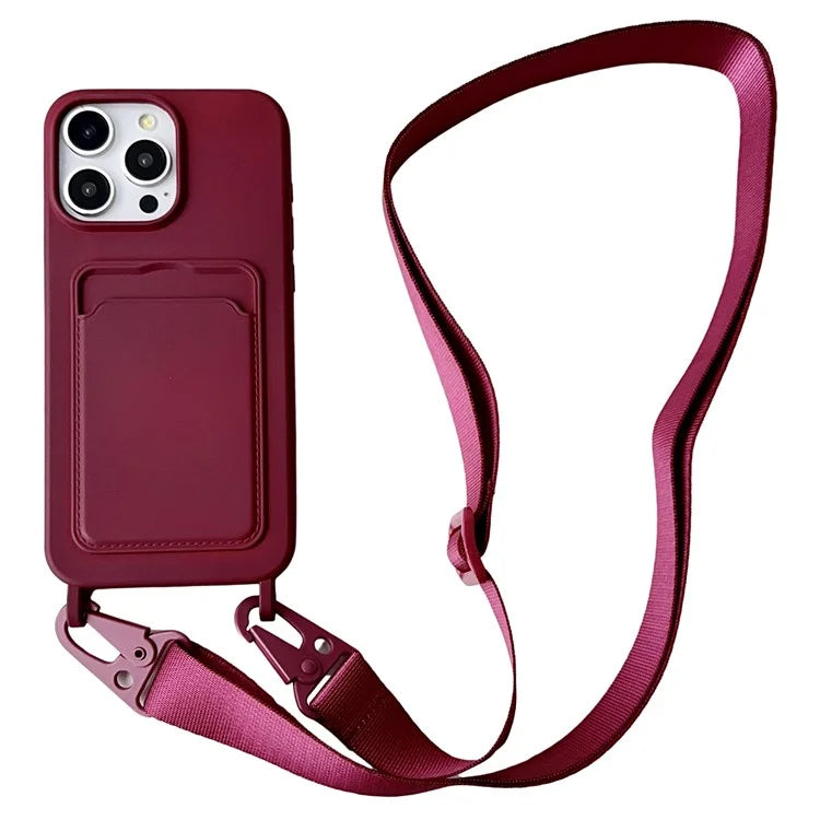 For iPhone 16 Pro Case Liquid Silicone Card Slot Soft Phone Cover with Lanyard Strap