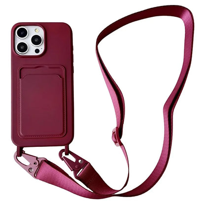 For iPhone 16 Pro Case Liquid Silicone Card Slot Soft Phone Cover with Lanyard Strap
