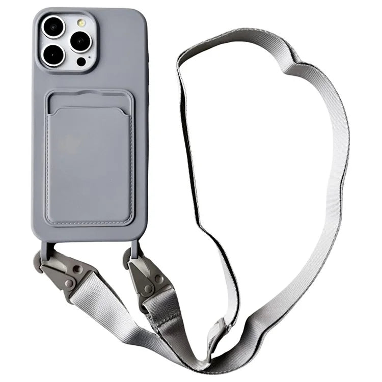 For iPhone 16 Pro Case Liquid Silicone Card Slot Soft Phone Cover with Lanyard Strap