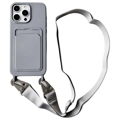 For iPhone 16 Pro Case Liquid Silicone Card Slot Soft Phone Cover with Lanyard Strap