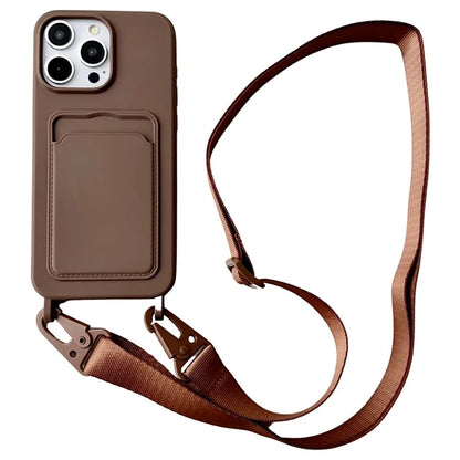 For iPhone 16 Pro Case Liquid Silicone Card Slot Soft Phone Cover with Lanyard Strap