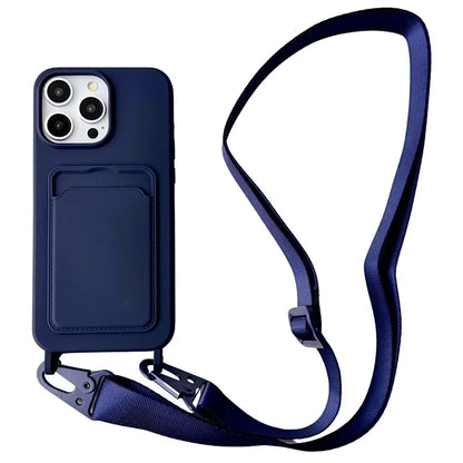 For iPhone 16 Pro Case Liquid Silicone Card Slot Soft Phone Cover with Lanyard Strap