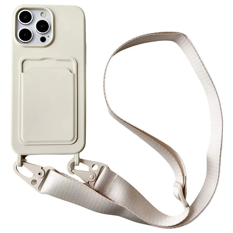 For iPhone 16 Pro Case Liquid Silicone Card Slot Soft Phone Cover with Lanyard Strap