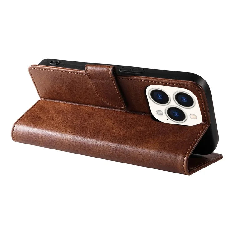 For iPhone 16 Pro Case Leather Stand Phone Shell with Magnetic Closure