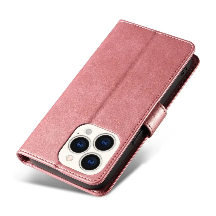 For iPhone 16 Pro Case Leather Stand Phone Shell with Magnetic Closure